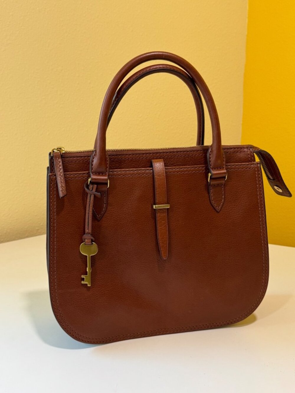 Fossil Ryder Satchel Brown Leather Handbag With Top Handles & Zip Closure
